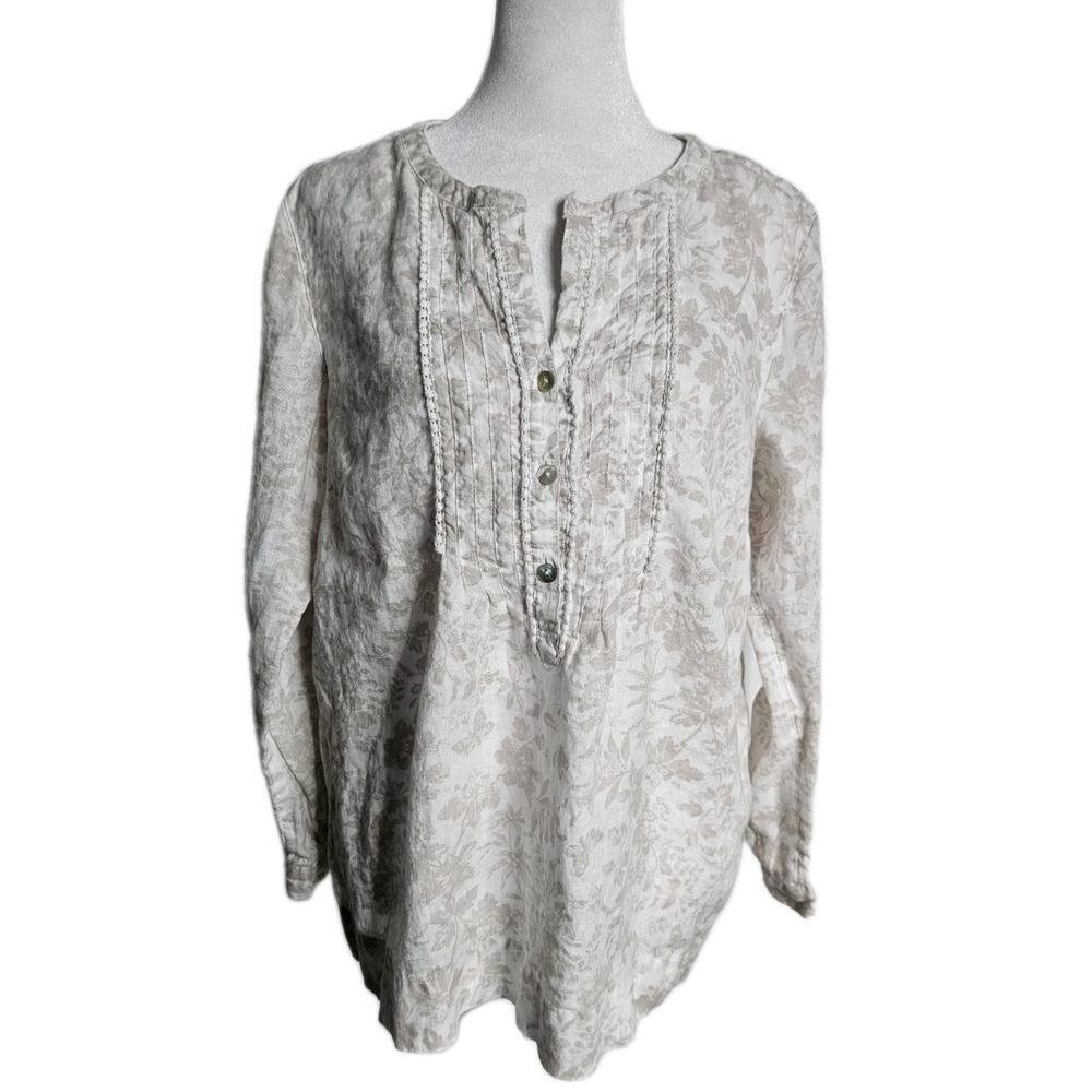 J.Jill Love Linen Floral Button Down Long Sleeve Tunic Top PM Beige Cream Boho